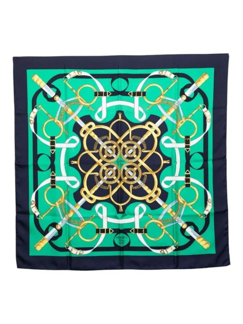 Hermes Carre 90 Apron D'or Yellow Gold Spurs Scarf Green Navy Silk